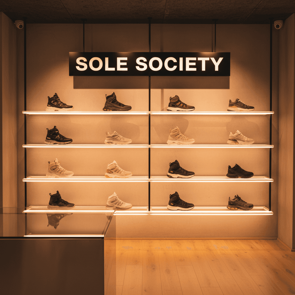 Sneakers displayed on a shelf in a modern streetwear boutique