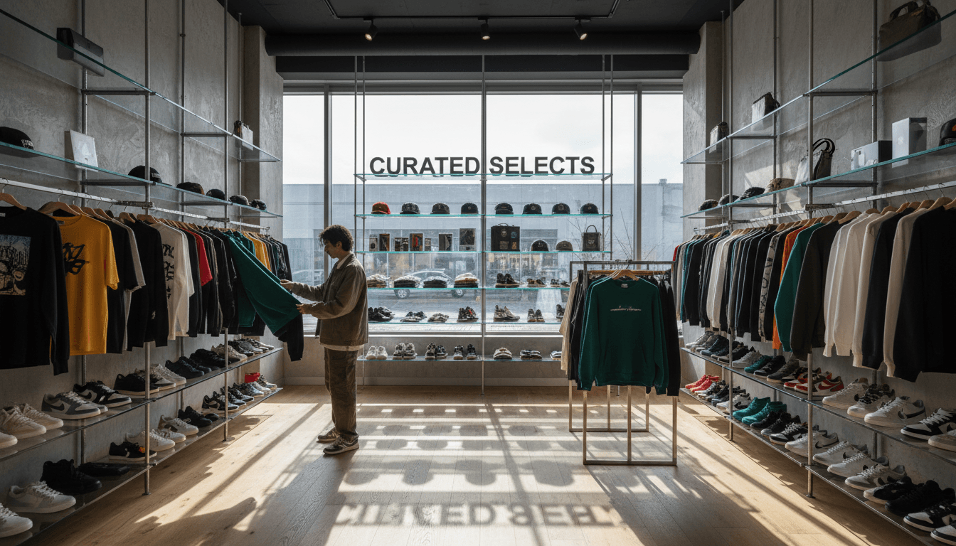 Sneakers displayed on shelves inside a modern boutique